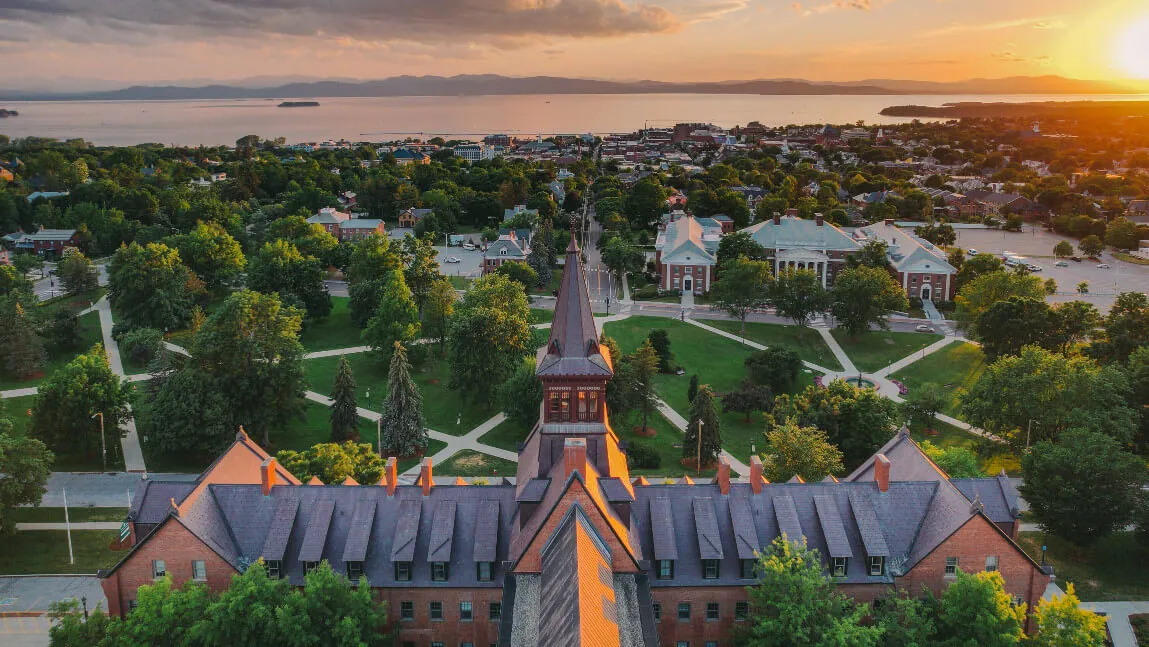 Campus with lake view at sunset