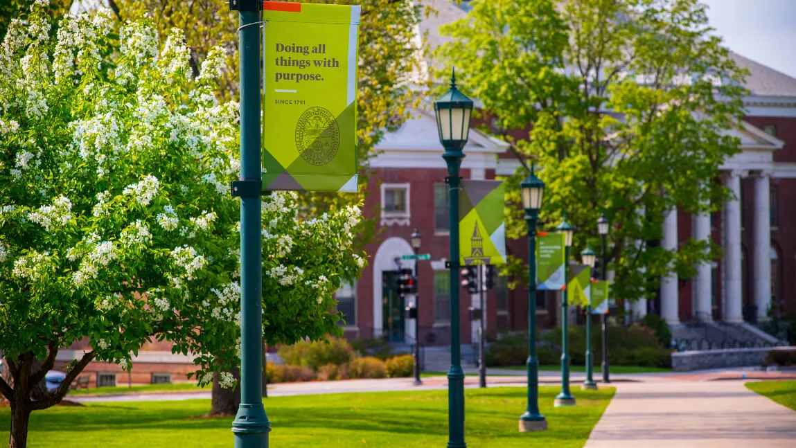 Campus sidewalk to Waterman building