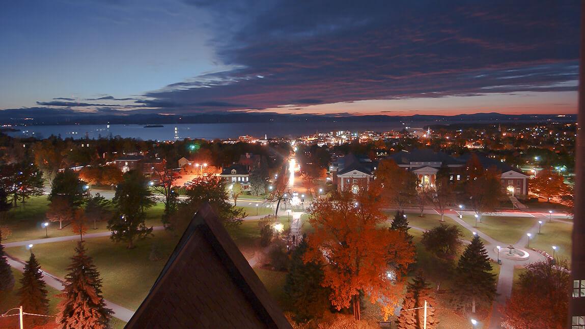 Evening view from Old Mill Tower over the UVM Green and Burlington, Vermont, Fall UVM Campus