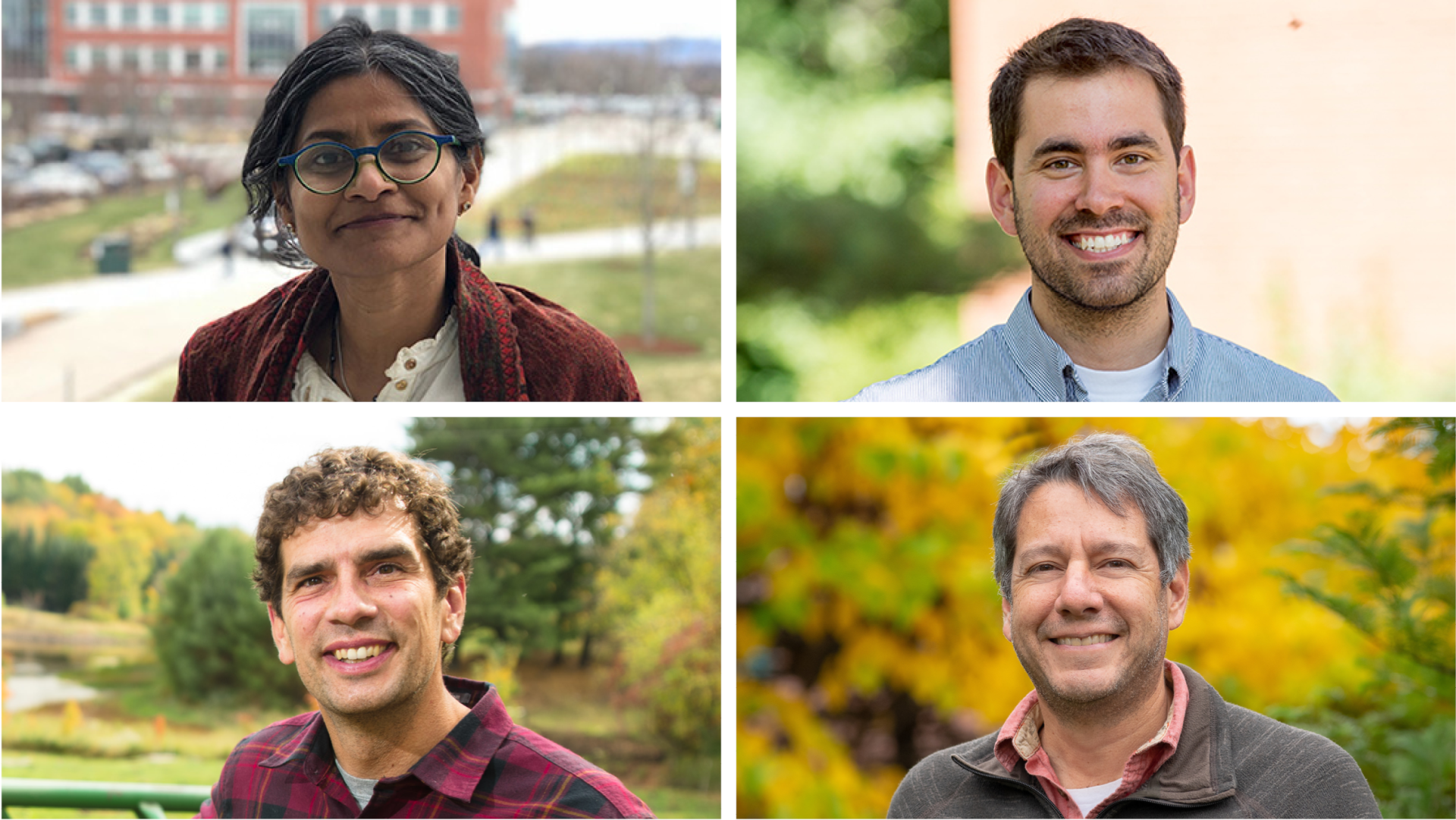 A composite image of four Gund Catalyst Award winners. Clockwise from top left: Bindu Panikkar, Mads Almassalkhi, Ernesto Méndez and Joshua Faulkner.