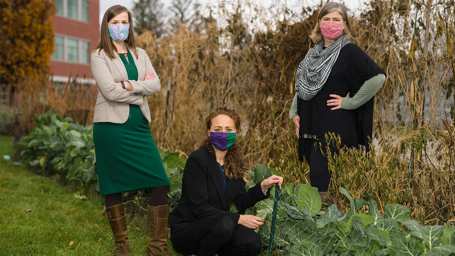 An image of UVM food security researchers Meredith Niles (left), Emily Belarmino (center), and Farryl Bertmann (right).