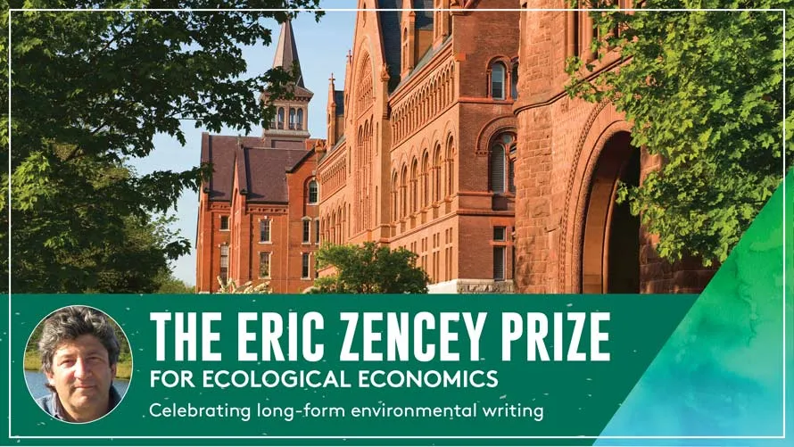 An image of Eric Zencey, with information about the Eric Zencey Prize, superimposed over an image of a building in the background