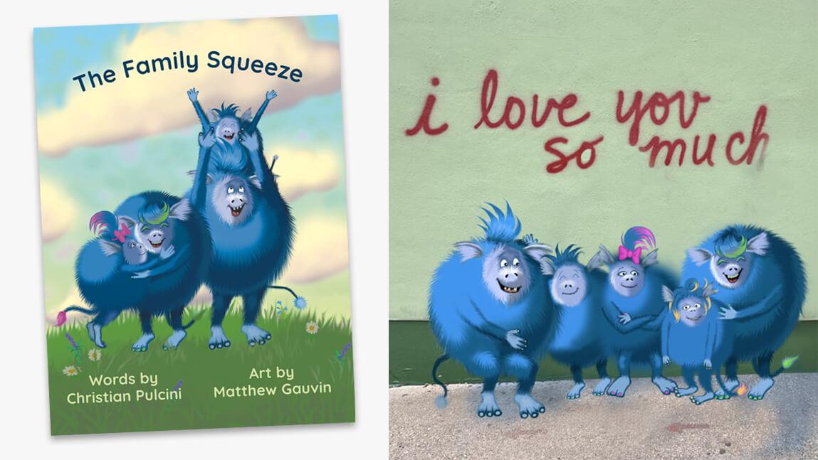 2 colorful images of a family of monsters from the children's picture book "The Family Squeeze"