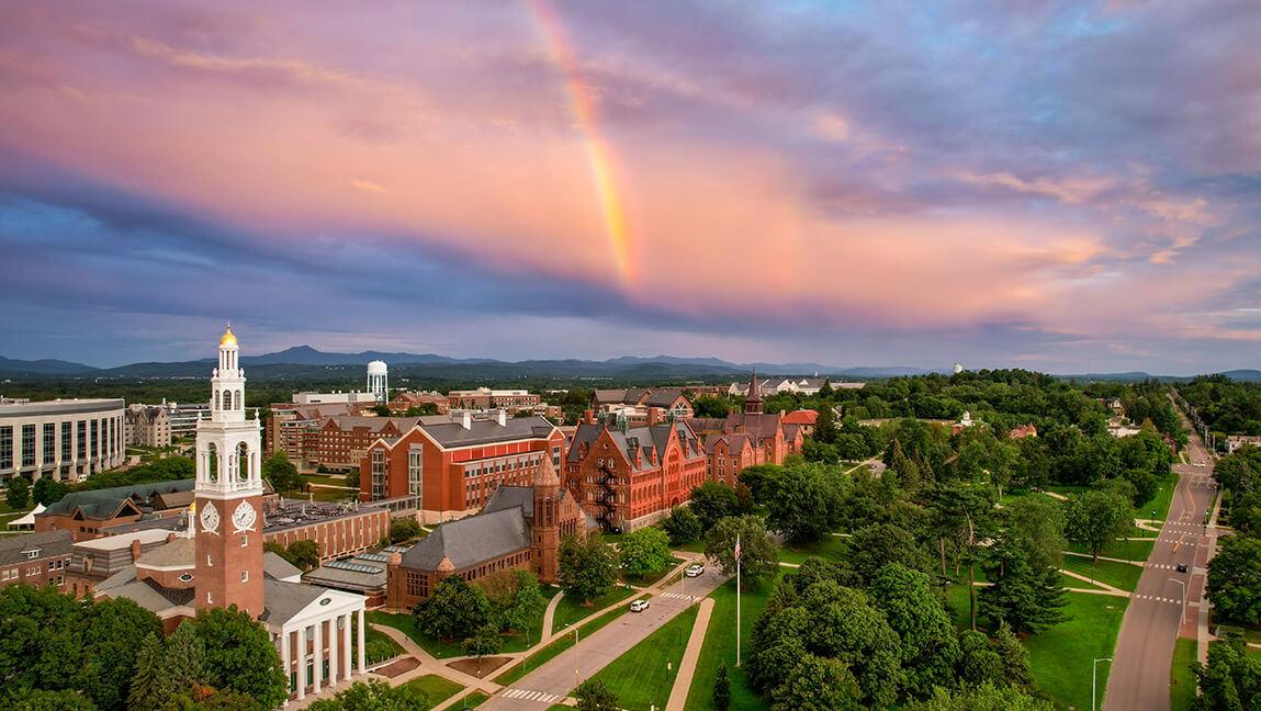 campus at sunset with rainbow