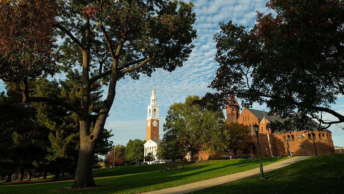 campus view of Ira Allen Chapel and Williams Hall