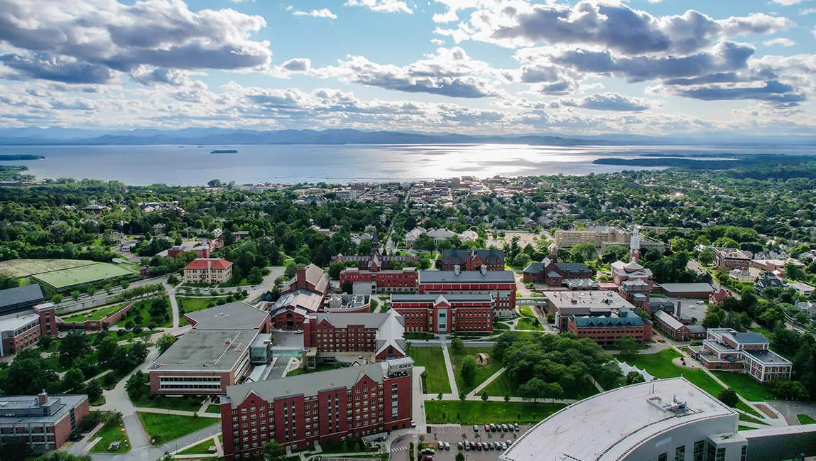 aerial view of Burlington, UVM Campus and Lake Champlain