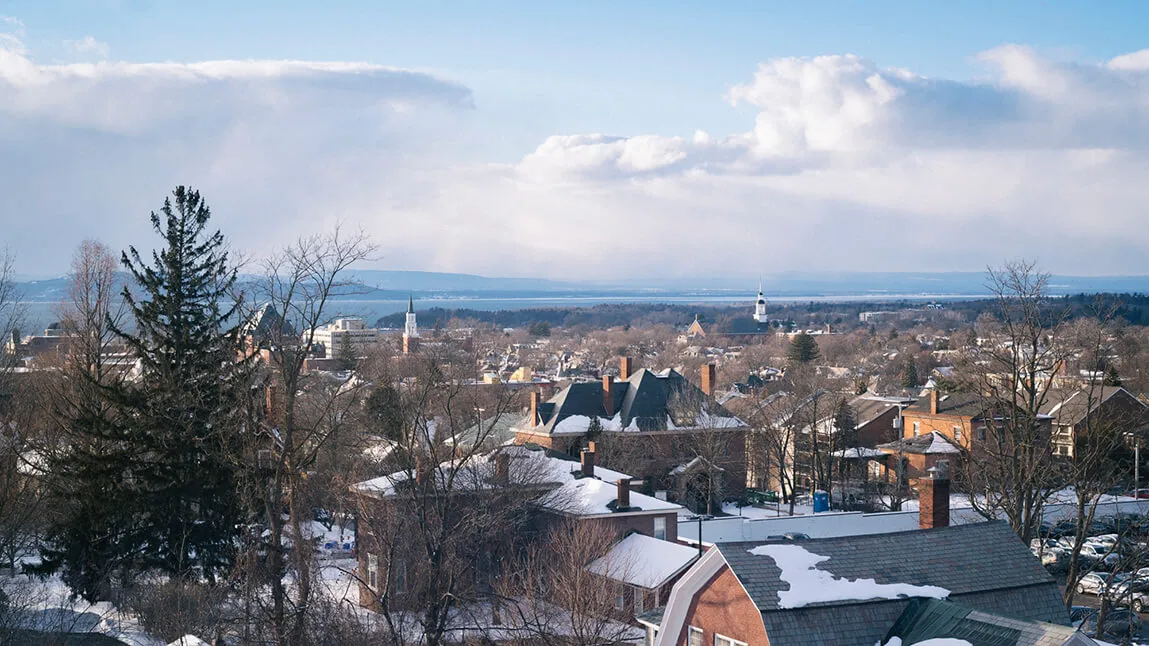 aerial view of Burlington, UVM Campus and Lake Champlain