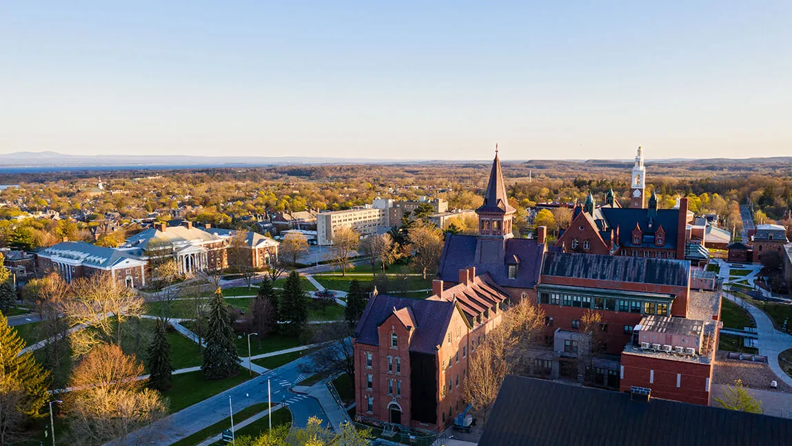 aerial view of Burlington, UVM Campus and Lake Champlain