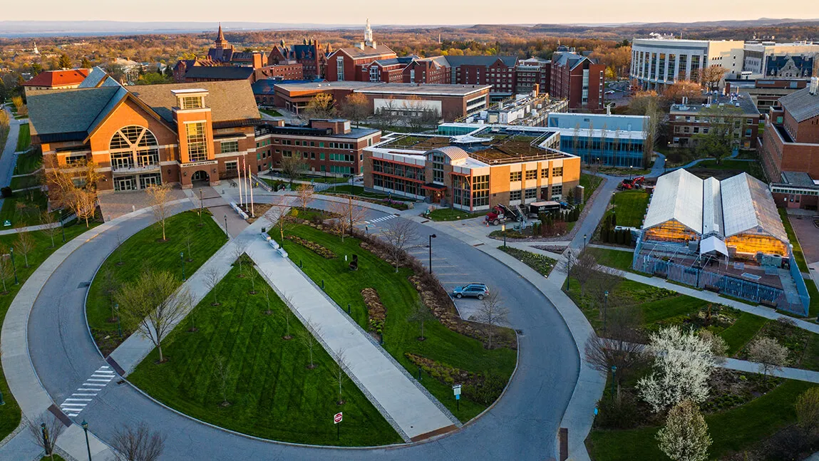 aerial view of Davis Center and surrounding campus area