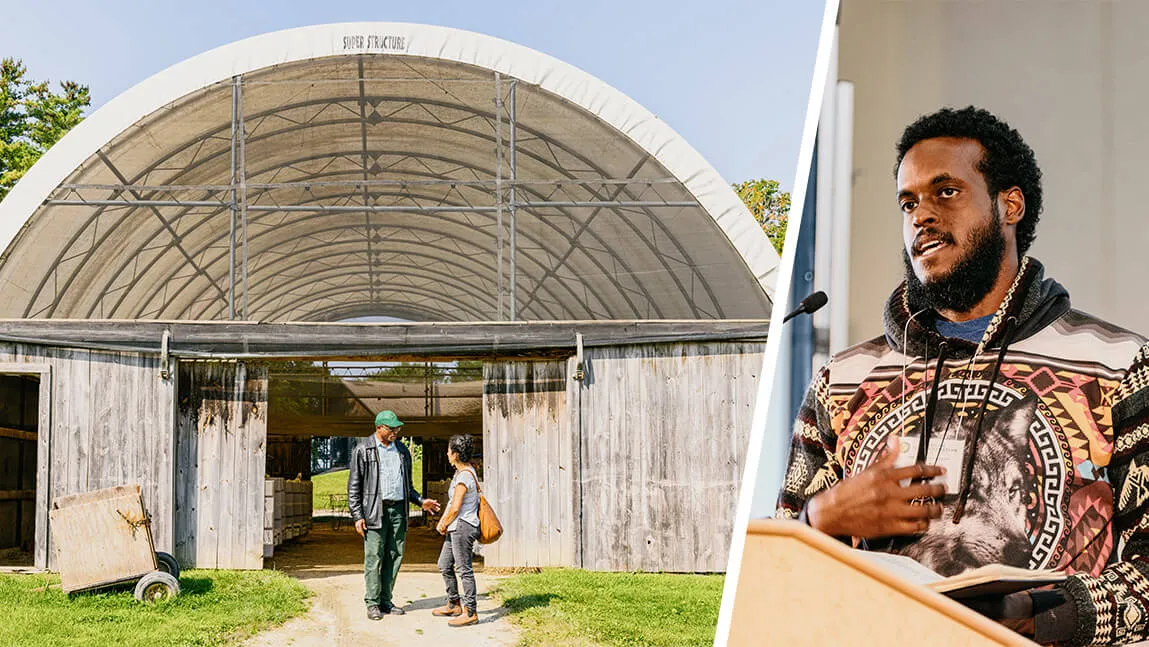 Collage: people standing in front of a dairy farm building and a speaker at a panel