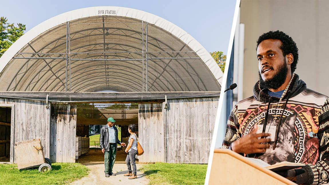 Collage: people standing in front of a dairy farm building and a speaker at a panel