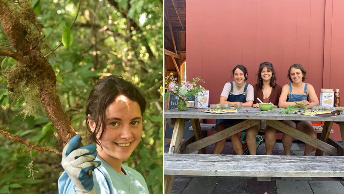Marjorie McWilliams holds up root of an invasive plant and three college students sit a picnic table outside a barn