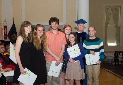 Sophie Thorup, Julia Maisto, Avery Cooper, Jennifer Powers, Isabella Sances, Dr. Tom Toner, and Ryan Kabilian at the College of Arts & Sciences award ceremony