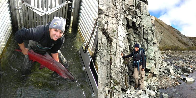 Amanda Adams holding salmon and standing by river in Alaska