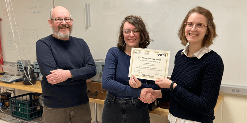 (L to R) Jeff Frolik, Chair of the Electrical and Biomedical Engineering department, EE student Arianne Conde, EE Professor Eva Cosoroaba