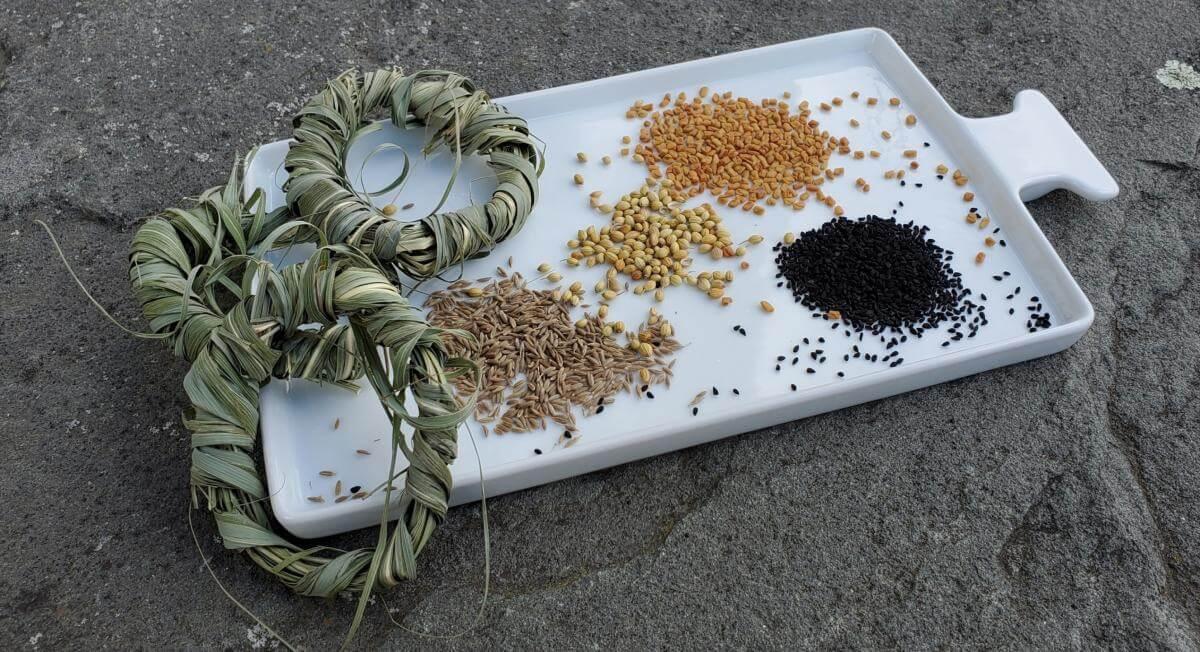 (left to right) lemongrass leaves, cumin seed, coriander seed, fenugreek seed and nigella seed