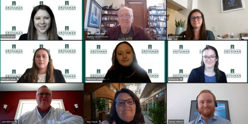 A screenshot of nine people on a MS teams call. Including four Grossman School of Business students and five judges.