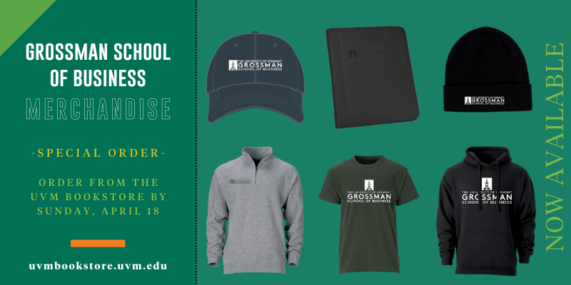 Grossman School of Business Merchandise Now Available at the UVM Bookstore