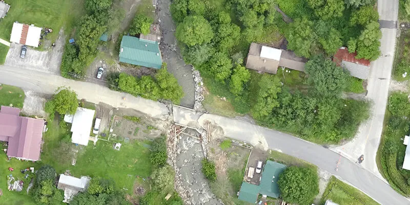 Aerial view of flood damage in Plainfield, Vermont