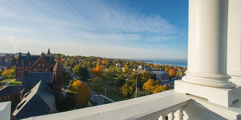 aerial view of campus and blue sky