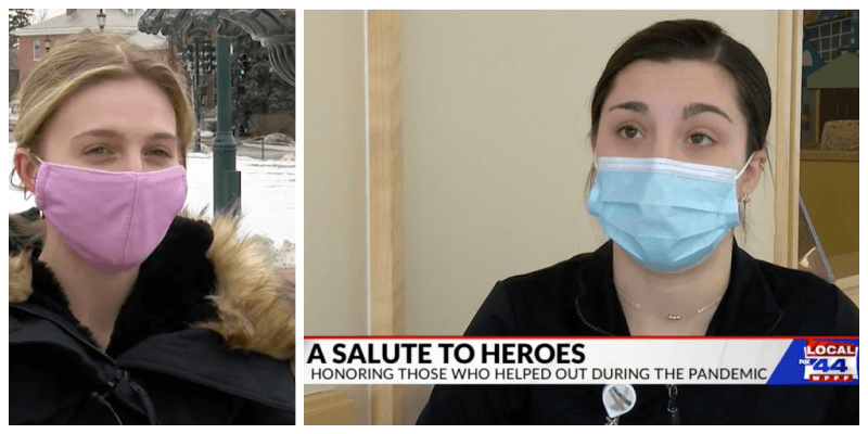 Screen shots from television news story showing interviews with two nursing alumni, both wearing masks.