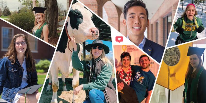 montage of students wearing UVM apparel and graduation caps