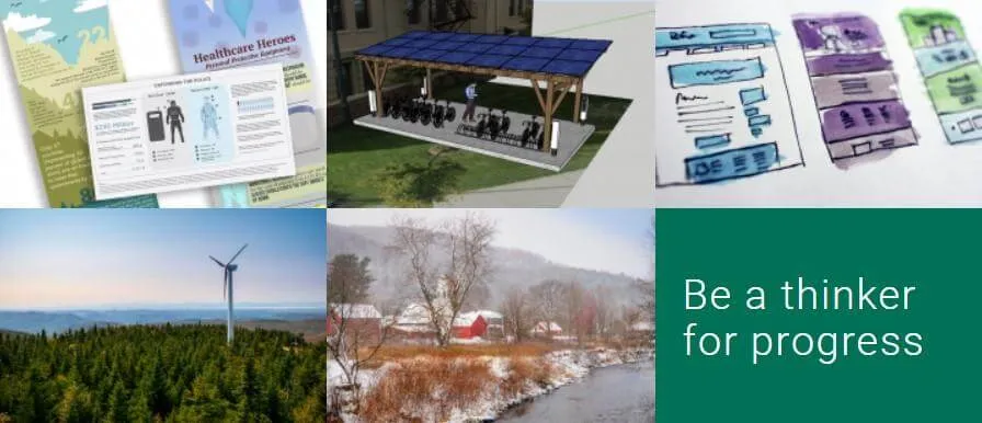 A collection of images of Vermont in winter, a wind turbine, a solar roof, charts and a brochure.