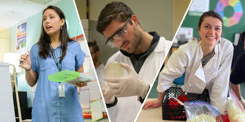 Collage of 3 students, a woman teaching in a classroom, a young man in a lab with a petrie dish, a woman in a white coat at a craft table. 