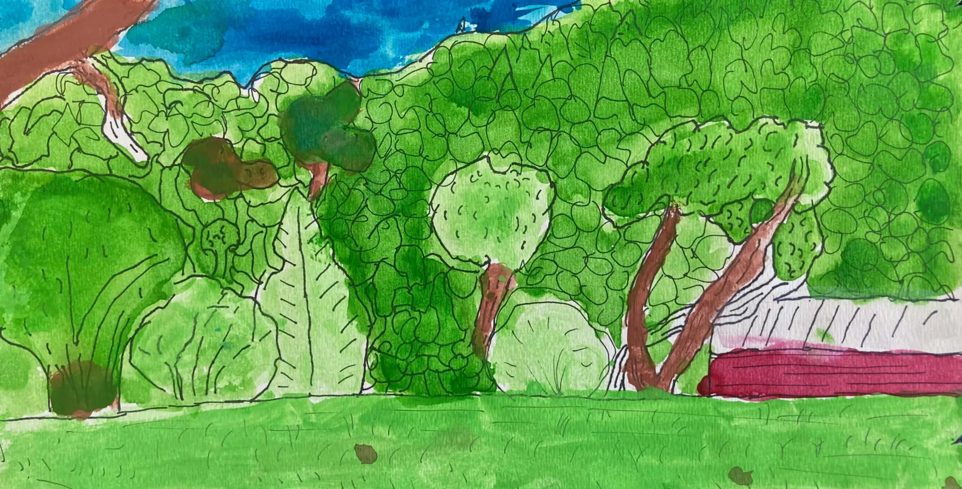 Painting by Kalib Burbank of a forest with green trees.