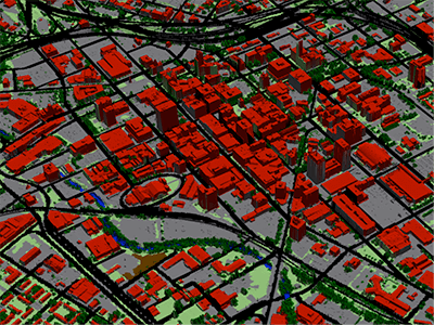 A land-cover map developed by the Spatial Analysis Laboratory (SAL) using satellite imagery and other high-resolution inputs.  This type of map facilitates study of tree canopy and its relationship to the built environment, helping guide long-term monitor