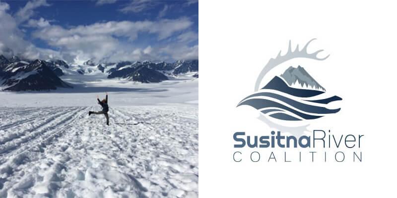 Laura Pinover on a glacier and Susitna River Coalition logo