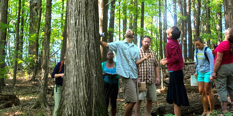 Matt Kolan and students in forest at Shelburne Farms