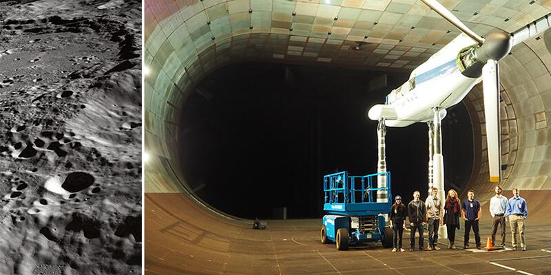 A collage with a closeup of the moon, and students stand in a wind tunnel