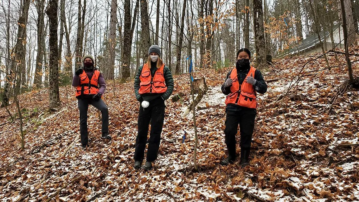 Three students in orange vests and face masks stand in forest in the fall