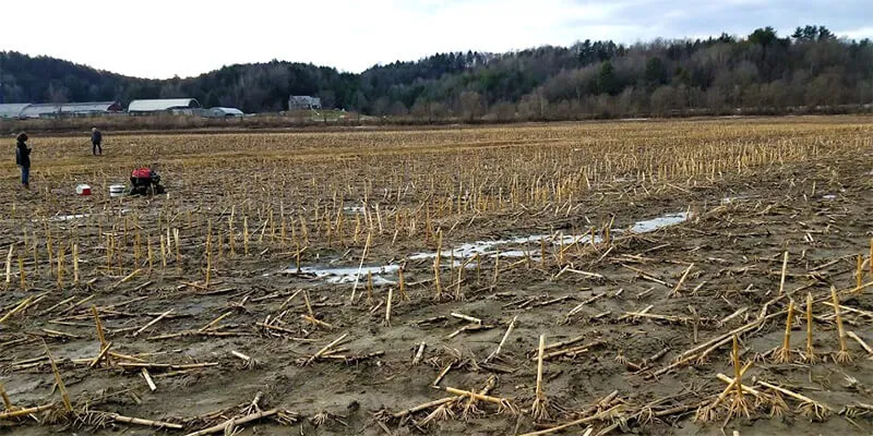 Muddy farm field with snow patches