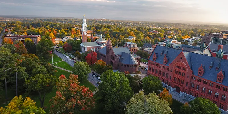 Aerial image of the University of Vermont in fall