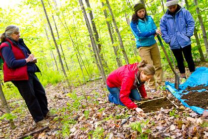 students in woods studying forest floor