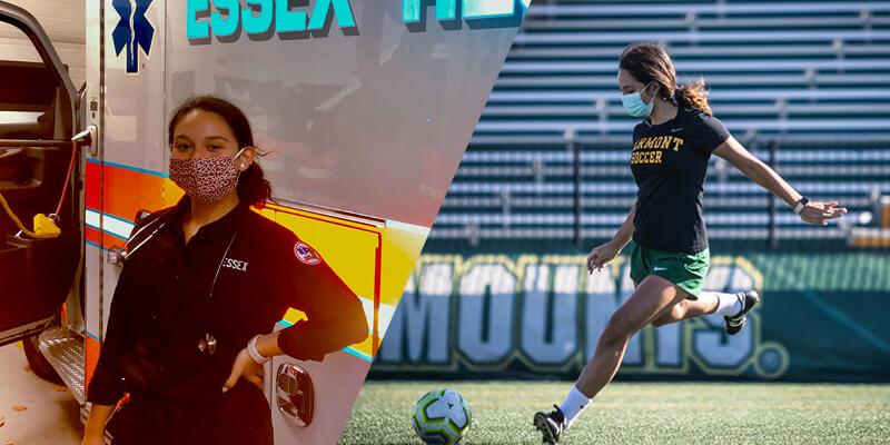 A collage showing Alyssa Oviedo, a health sciences junior, standing by an ambulance and kicking a ball in a UVM soccer game.