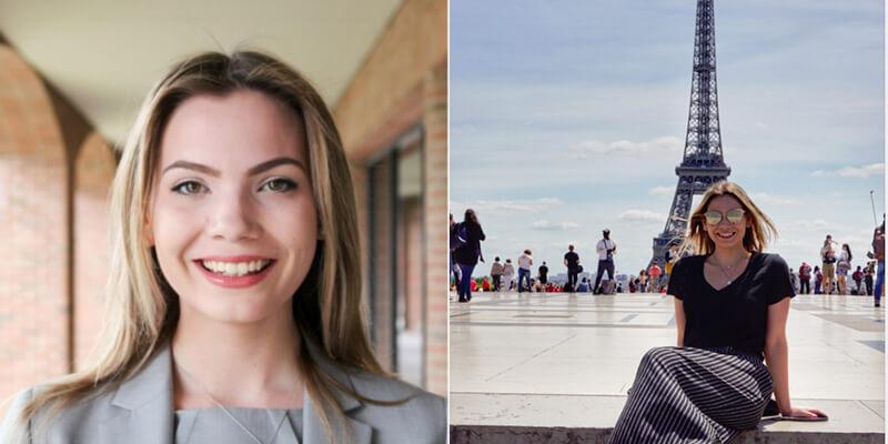 on left, Andrea Hey headshot; on right, Andrea Hey in Paris
