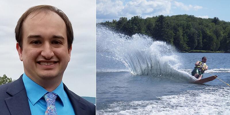 left, Andrew Giroux headshot; right, Andrew Giroux waterskiing
