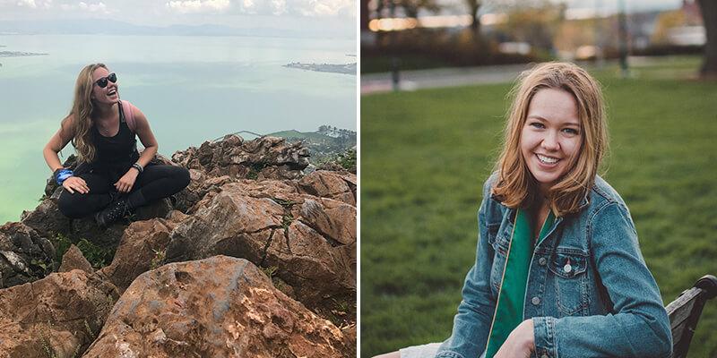 left, Avery Rasmussen on mountaintop; right; sitting on bench outside