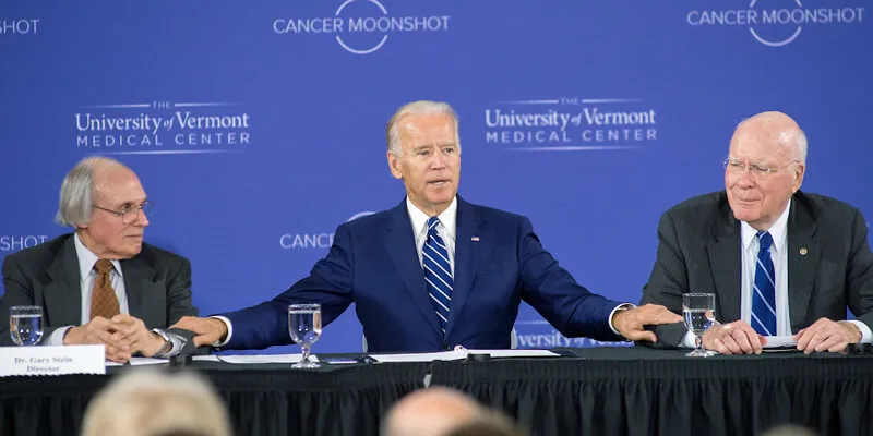 Vice President Joe Biden speaks about the Cancer Moonshot event at UVM. Also pictured: Sen. Leahy and Gary Stein, director of the UVM Cancer Center