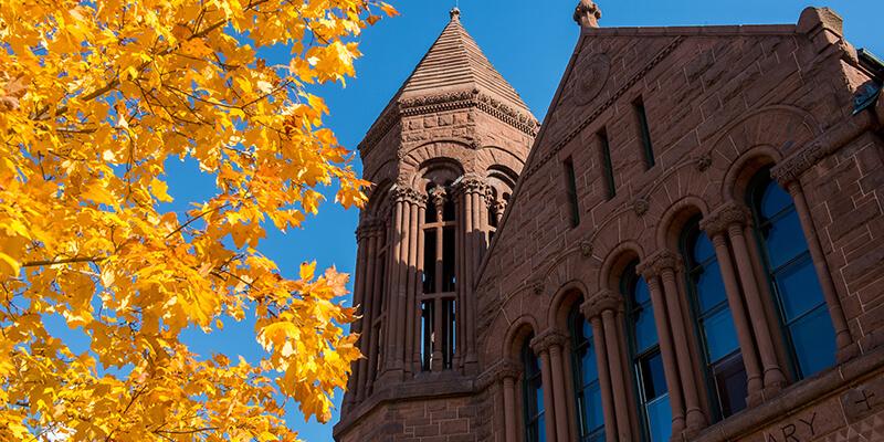 A tree with yellow leaves stands in front of UVM's Billings Library