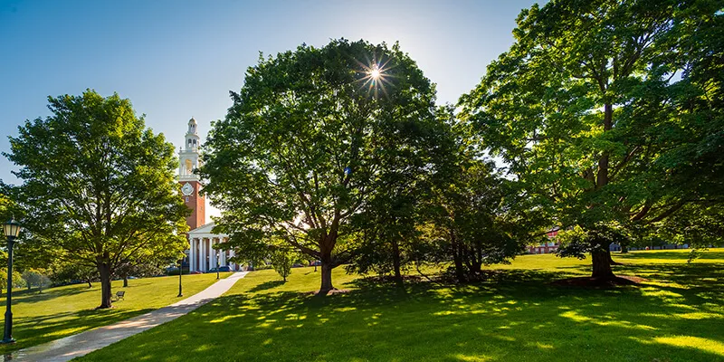 Ira Allen chapel and UVM Green in summer