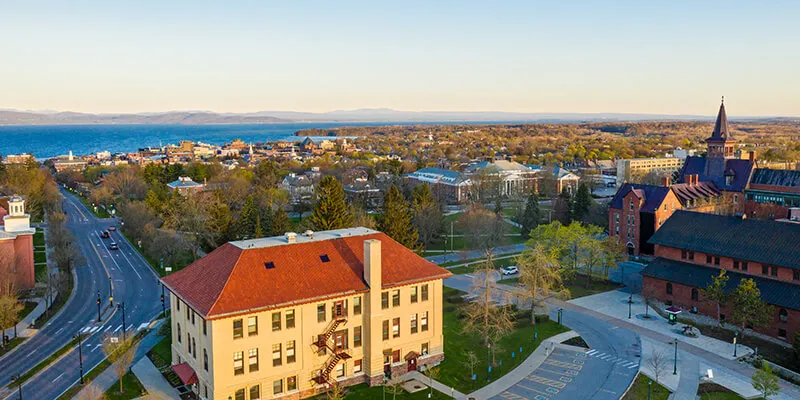 UVM campus looking down Main street to the lake and to town