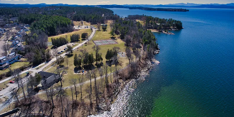 Drone shot of Oakledge park, bike path, waterfront