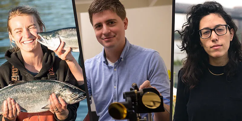 Alumna Claire Neaton, smiling and holding a salmon; Professor Michael Ruggiero in his lab; and alumna Ariel Wengroff, executive producer and publisher at Vice Media