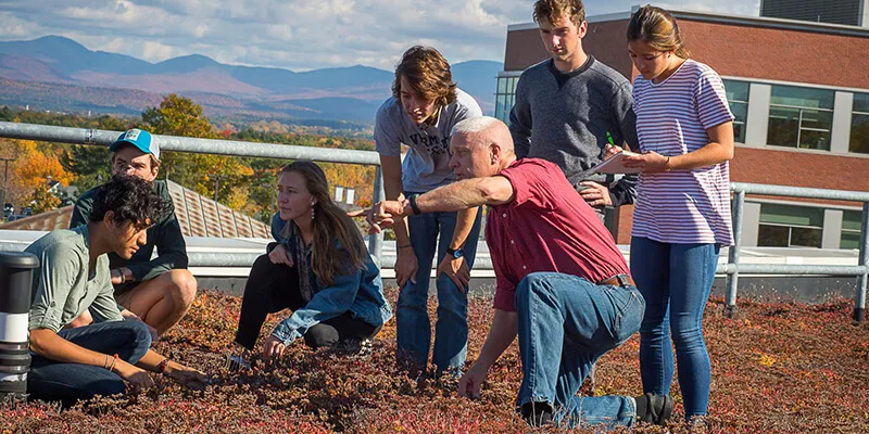 Students on UVM Aiken Center's Green Roof 