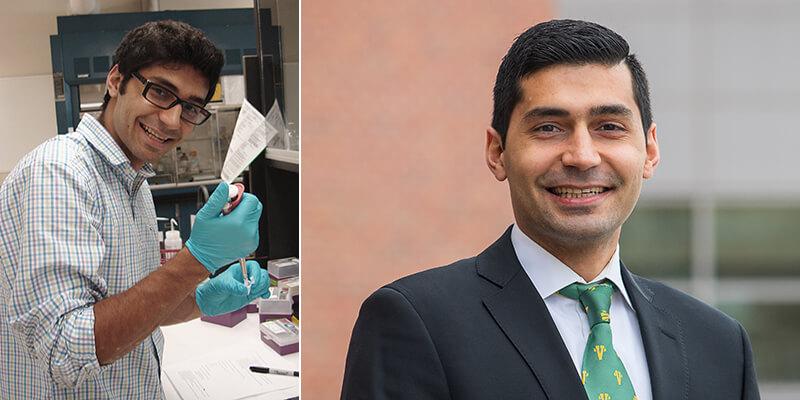 left: Berke Tinaz in lab; right: Tinaz headshot