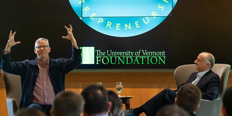 Alumnus Brian Halligan and Provost David Rosowsky sit on stage